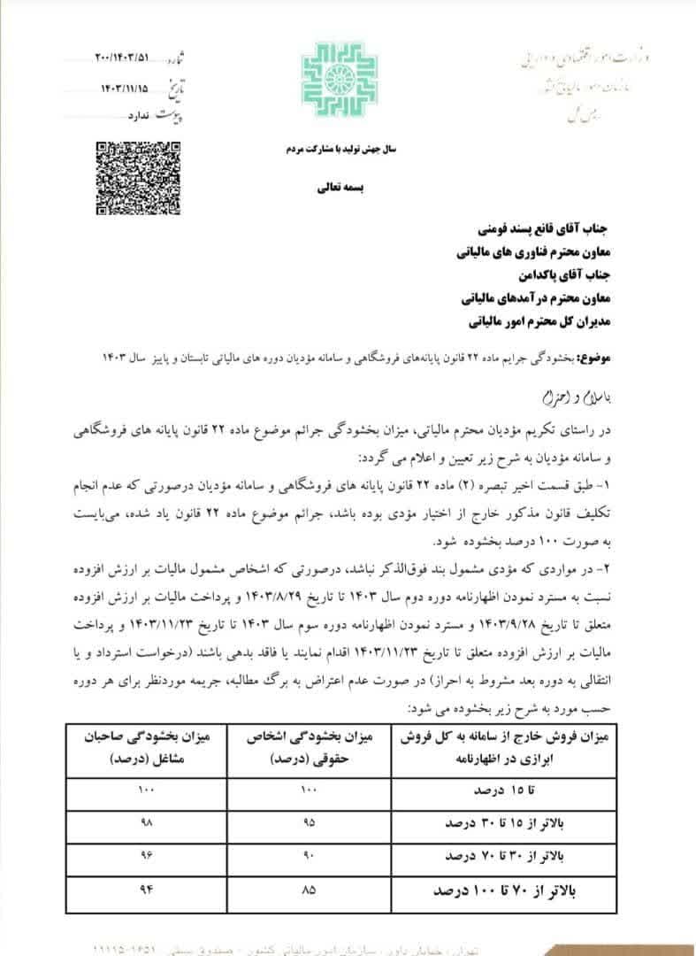 بخشودگی جرایم ماده 22 قانون پایانه های فروشگاهی و سامانه مودیان دوره های مالیاتی تابستان و پاییز سال 1403